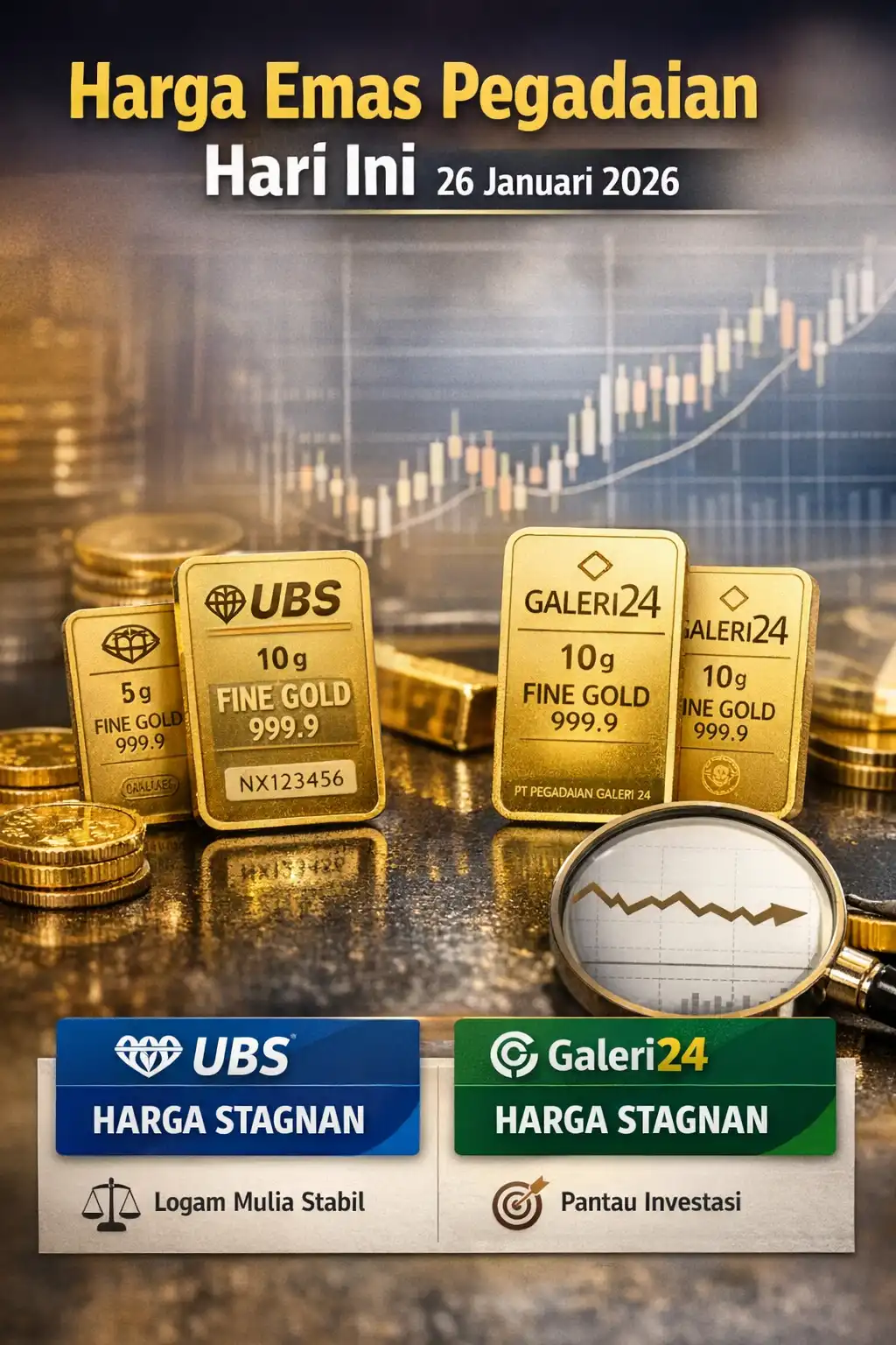 Read more about the article Harga Emas Pegadaian Hari Ini 26 Januari 2026: Logam Mulia UBS dan Galeri24 Kompak Stagnan