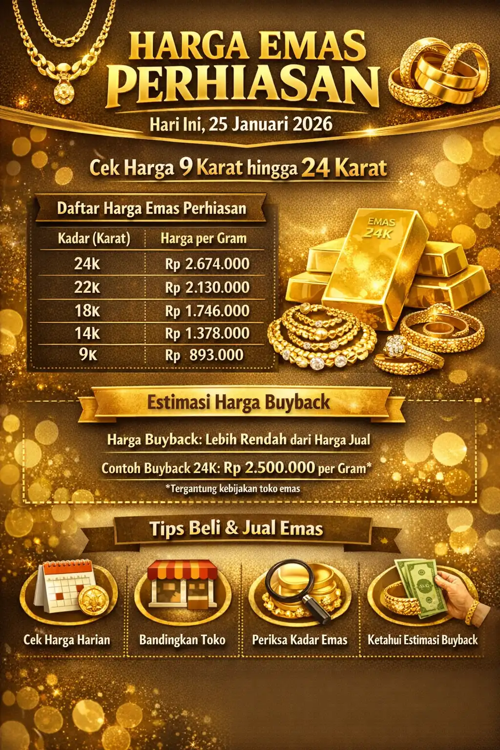 Read more about the article Harga Emas Perhiasan Hari Ini 25 Januari 2026: Cek Harga 9 Karat hingga 24 Karat dan Estimasi Buyback