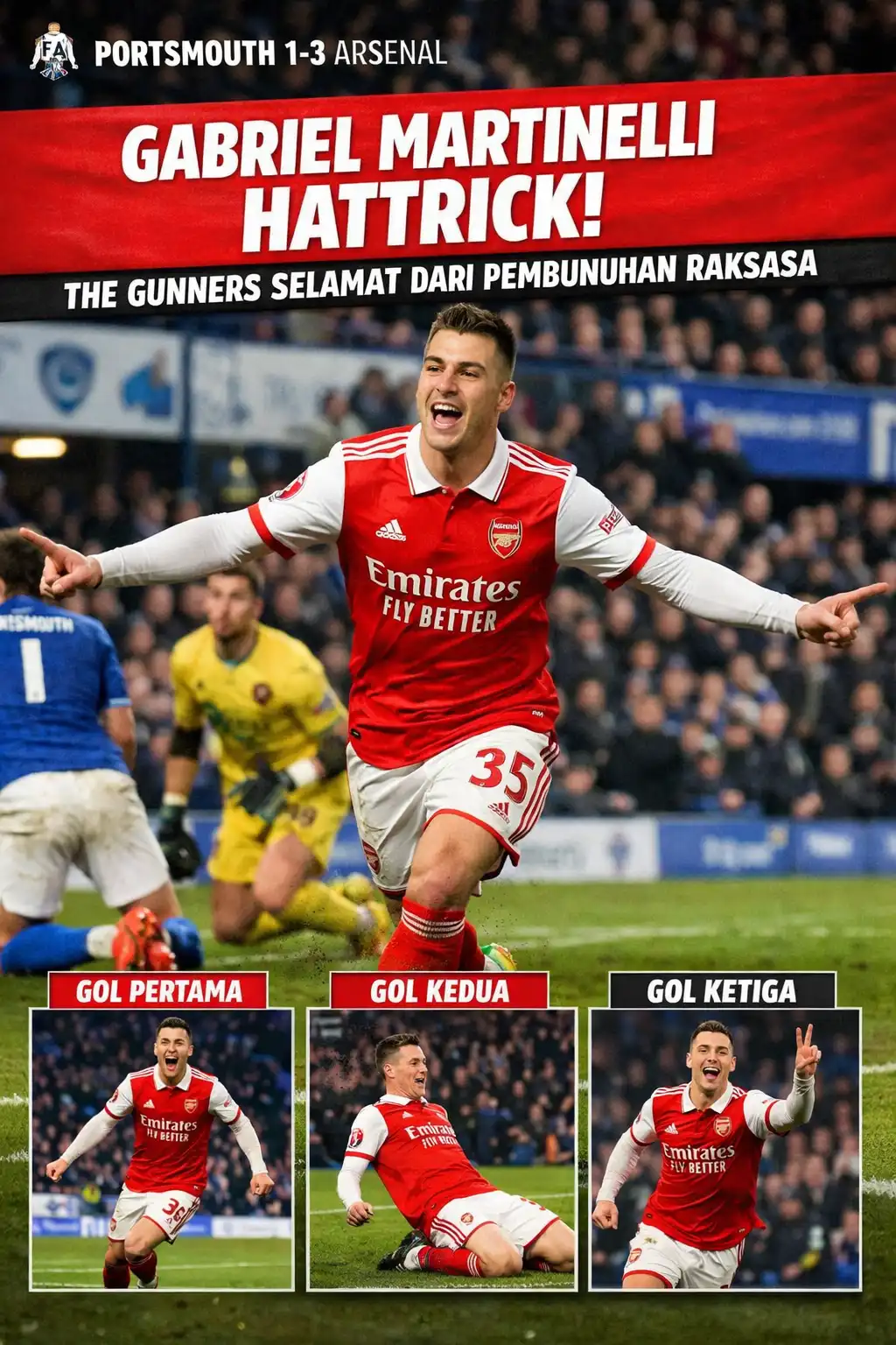 Read more about the article Portsmouth vs Arsenal: Gabriel Martinelli Hattrick, The Gunners Selamat dari Pembunuhan Raksasa