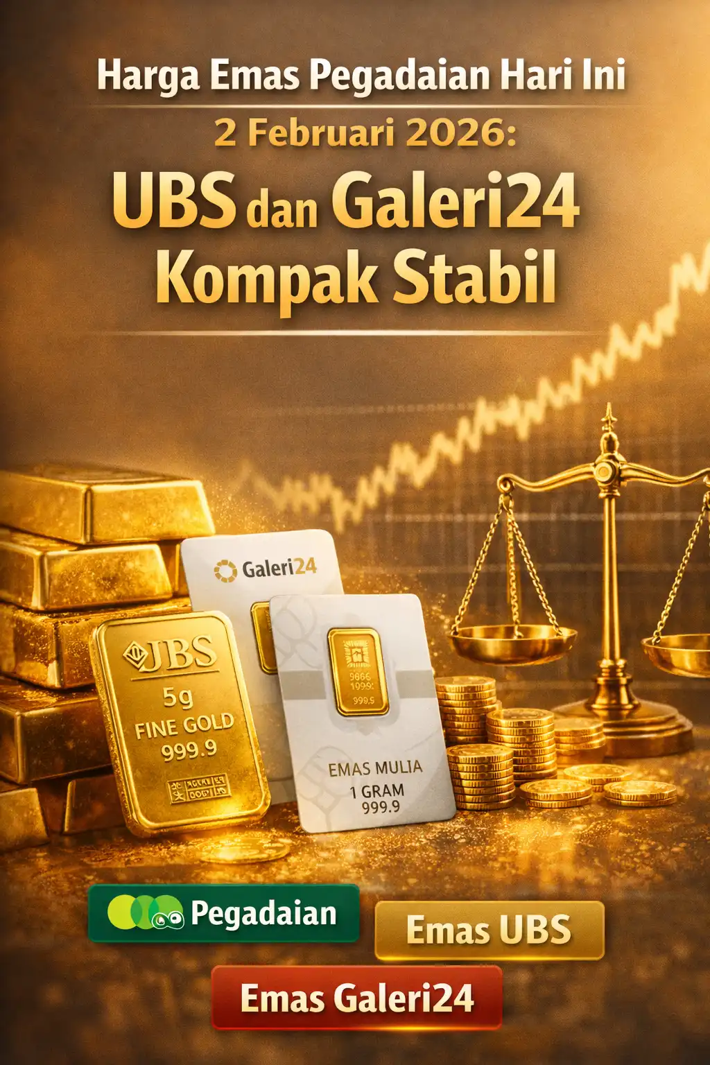 Read more about the article Harga Emas Pegadaian Pada Hari Ini 2 Februari 2026: UBS dan Galeri24 Kompak Stabil