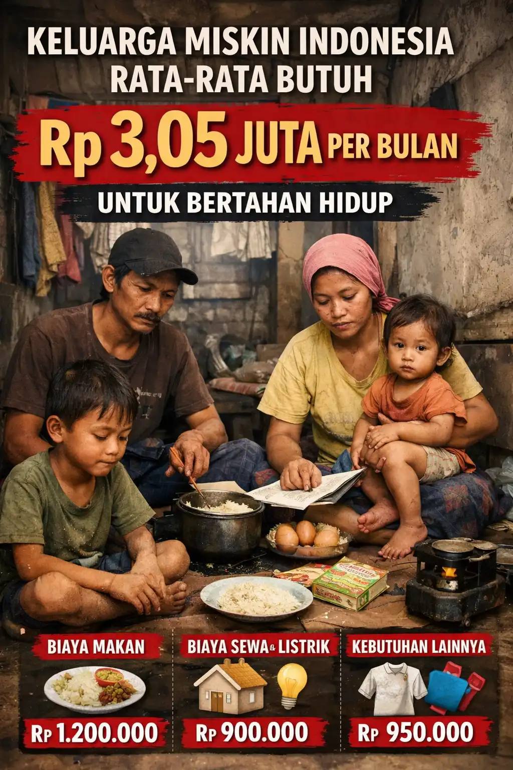 Read more about the article Keluarga Miskin Indonesia Rata-Rata Butuh Rp 3,05 Juta per Bulan untuk Bertahan Hidup